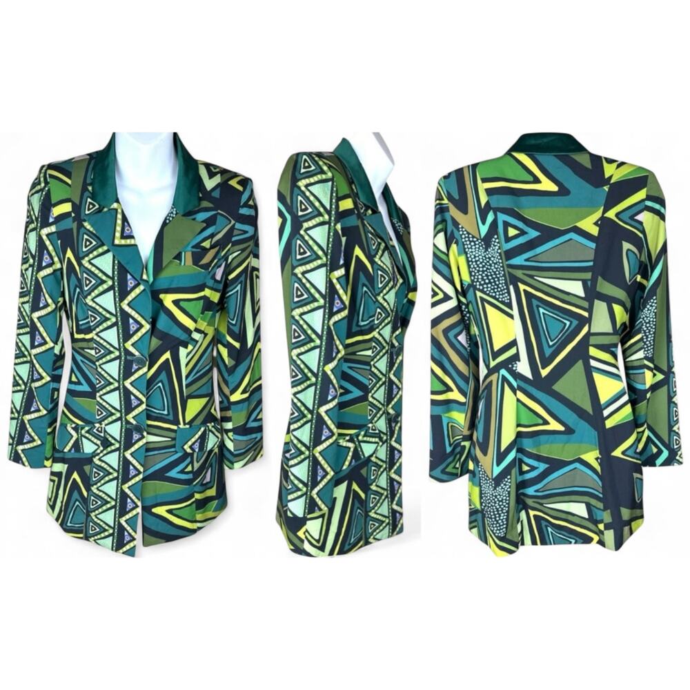 Kahindo Green Geometric Print Tuxedo Blazer Statement Jacket Mini Dress, S EUC - Picture 4 of 7